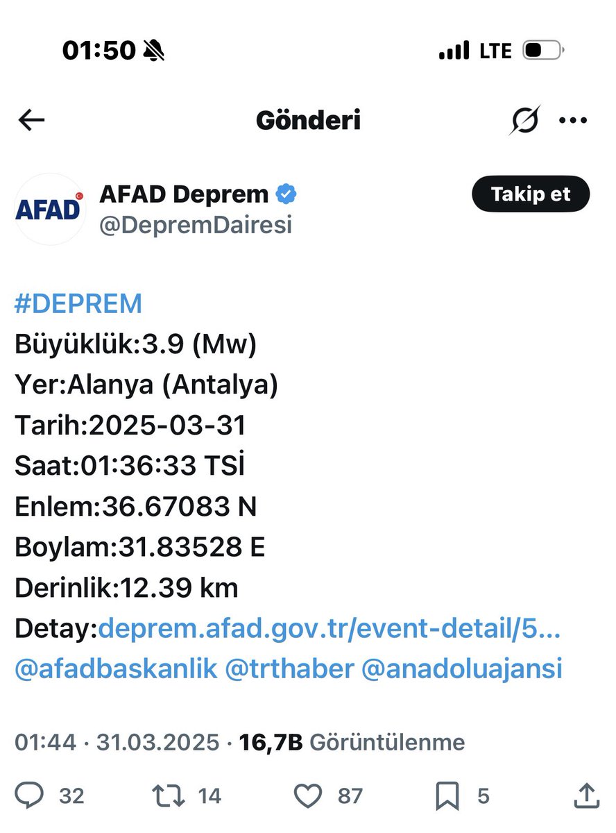 Değerli hemşerilerim, yaklaşık saat 01.35 civarında Alanya’mızda da hissedilen bir deprem olmuştur. Afad verisine göre 3,9 şiddetindeki deprem İlçemiz afet ve asayiş birimlerince takip edilmektedir. İlk gelen bilgilere göre herhangi bir olumsuzluk bildirilmemiştir. Tüm