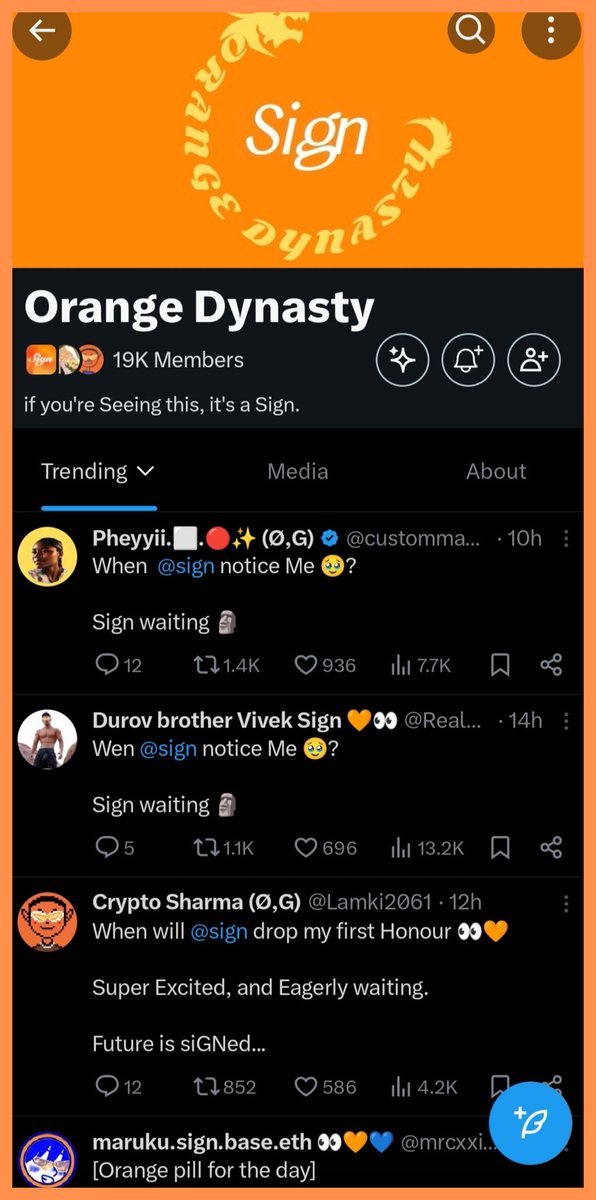 Sigm, I joined the Orange Dynasty when it had only around 1,000 members, and now its almost at 20,000. How early did you join the Orange Dynasty?

Orange Dynasty is growing rapidly this is your @sign to get signed. 👀🧡

<a href="/0xzoe_im/">Zoe Chen 🧡👀</a> @sign @ethsign <a href="/realyanxin/">Xin</a> <a href="/Potterlee222/">potter.sign 🍊🧡</a> <a href="/lj_xbt/">LJ 🦺</a>