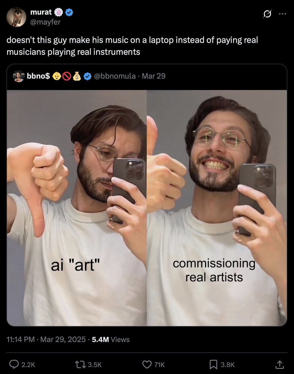Someone using their own creativity, ears, hands and brain to make music, even digitally, is not the same as a computer shitting out a homunculus of copyright infringement.