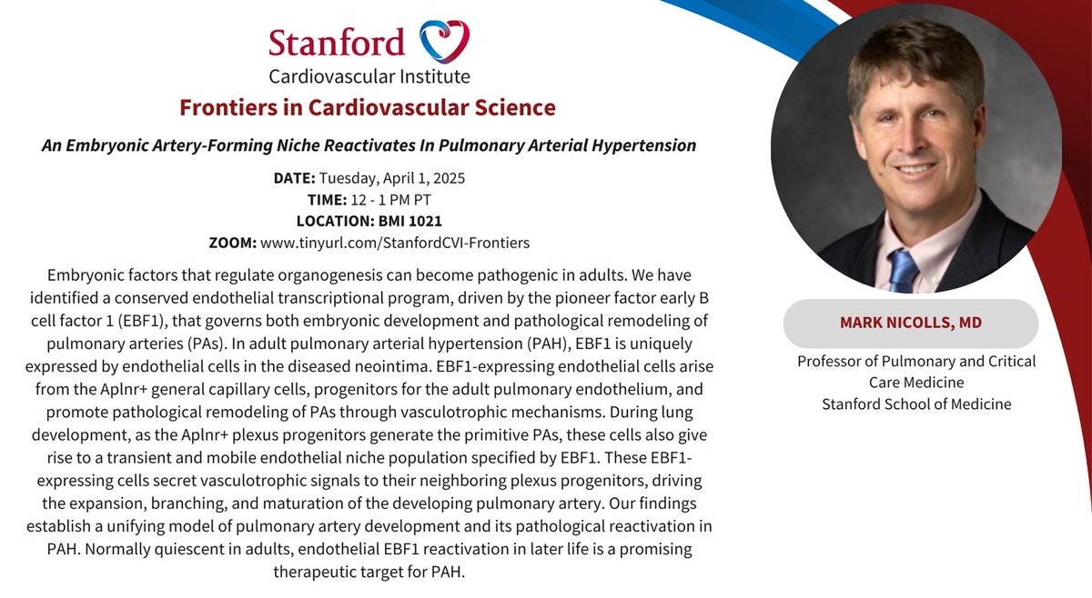 Joseph C Wu, MD, PhD (@joseph_c_wu) on Twitter photo Please join <a href="/StanfordCVI/">Stanford CVI</a> seminar Tue 4/1 @ 12pm PST by Dr. Mark Nicolls <a href="/StanfordPACCM/">Stanford PACCM</a> speak on #PulmonaryArterialHypertension
stanford.zoom.us/webinar/registā¦
<a href="/StanfordDeptMed/">Stanford Department of Medicine</a> <a href="/Stanford_ChEMH/">Sarafan ChEM-H</a> <a href="/SeanM_Wu/">Sean M Wu, MD PhD</a> <a href="/BCVSearlyCareer/">Basic Cardiovascular Sciences (BCVS) Early Career</a> <a href="/ATVBEarlyCareer/">ATVB Early Career Committee</a> <a href="/vascularbiology/">NAVBO</a> <a href="/marknicolls/">Mark Nicolls, MD</a> <a href="/Viniciodjperez/">Vinicio de Jesus Perez, MD FAHA FCCP ATSF</a>
Image Please join <a href="/StanfordCVI/">Stanford CVI</a> seminar Tue 4/1 @ 12pm PST by Dr. Mark Nicolls <a href="/StanfordPACCM/">Stanford PACCM</a> speak on #PulmonaryArterialHypertension
stanford.zoom.us/webinar/registā¦
<a href="/StanfordDeptMed/">Stanford Department of Medicine</a> <a href="/Stanford_ChEMH/">Sarafan ChEM-H</a> <a href="/SeanM_Wu/">Sean M Wu, MD PhD</a> <a href="/BCVSearlyCareer/">Basic Cardiovascular Sciences (BCVS) Early Career</a> <a href="/ATVBEarlyCareer/">ATVB Early Career Committee</a> <a href="/vascularbiology/">NAVBO</a> <a href="/marknicolls/">Mark Nicolls, MD</a> <a href="/Viniciodjperez/">Vinicio de Jesus Perez, MD FAHA FCCP ATSF</a>
Image