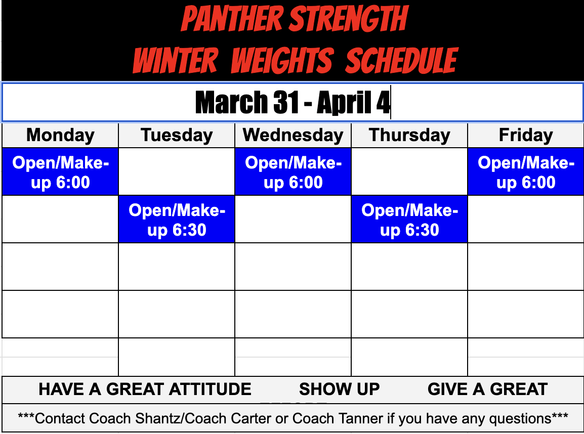Here is the Weight room sched for the week. Expectations are 2 days in-season and three off-season. You can make up if you miss an AE day also on these days.