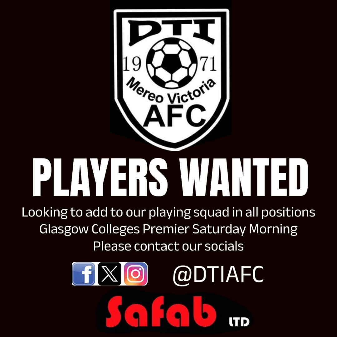 DTI AFC are looking to recruit players in all positions.
We play Saturday Mornings in GCFA Premier League.
If you or anyone are interested, please contact our socials.