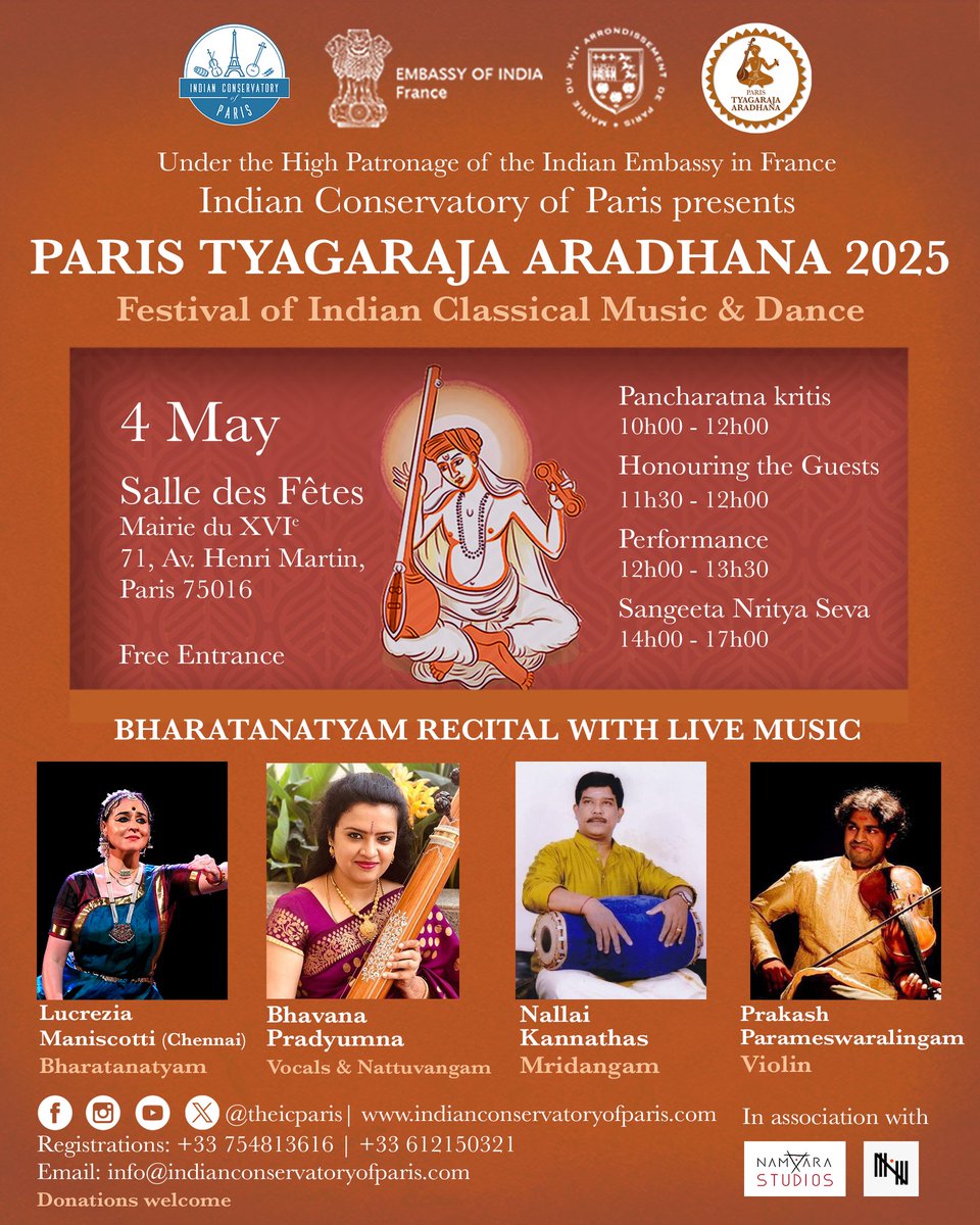 theICParis's tweet photo. Join us for the 8th Paris Tyagaraja Aradhana on may 4th - Europe's biggest Indian classical music and dance festival 

@IndiaembFrance @mairiedu16 @samiabadat @Jeremy_Redler 
@bhavanamusic8 @PradyumnaKanda1 https://t.co/AhljSmYXqk