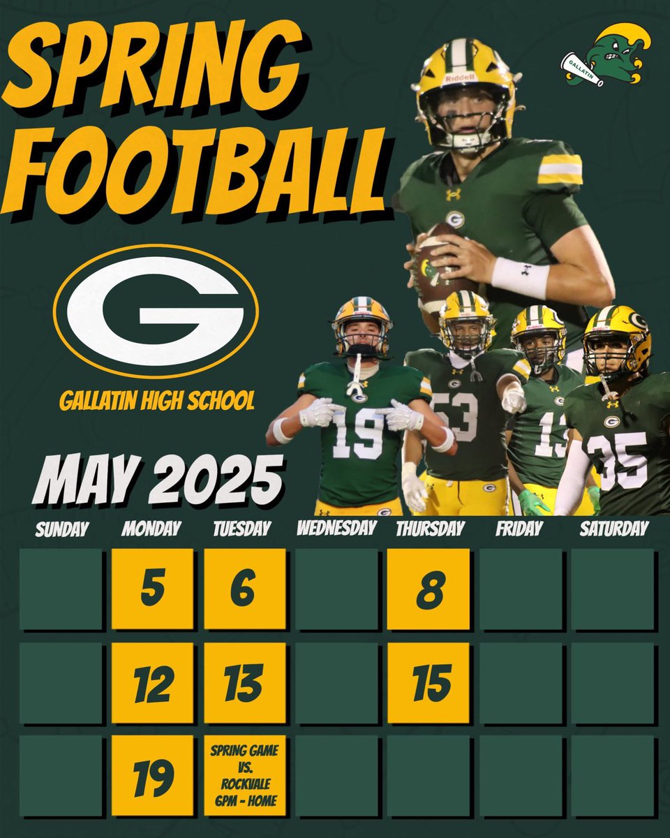 🚨 Spring Football Announcement 🚨

Gallatin High School Football is gearing up for spring practice! 🏈💪 Practice times are TBD, but we’re ready to get to work!

College coaches are always welcome—please reach out for more info. We’d love to have you visit!