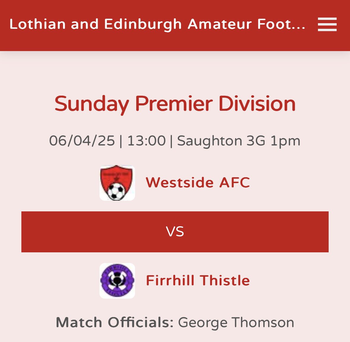 Toughers Groundhopping (@toughershopper) on Twitter photo Silver lining of not being able to make Inverurie next Sunday - means a wee Ammies double header in the Sunday Premier Division should traffic allow👍🏼
<a href="/EdburghCaleyFC/">Edinburgh Caledonian</a> vs <a href="/kirkyfc2022/">Kirknewton CFC</a>
<a href="/Westside_AFC/">WestsideAfc</a> vs <a href="/FirrhillThistle/">Firrhill Thistle FC</a>
<a href="/L1veAtTheAmmys/">Live At The Ammys</a> <a href="/kennethbryce184/">kenny</a> <a href="/LeafaOfficial/">Official_LEAFA</a> Silver lining of not being able to make Inverurie next Sunday - means a wee Ammies double header in the Sunday Premier Division should traffic allow👍🏼
<a href="/EdburghCaleyFC/">Edinburgh Caledonian</a> vs <a href="/kirkyfc2022/">Kirknewton CFC</a>
<a href="/Westside_AFC/">WestsideAfc</a> vs <a href="/FirrhillThistle/">Firrhill Thistle FC</a>
<a href="/L1veAtTheAmmys/">Live At The Ammys</a> <a href="/kennethbryce184/">kenny</a> <a href="/LeafaOfficial/">Official_LEAFA</a>