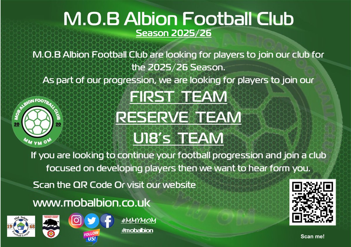 Big things happening at MOB next season, we are please to inform our followers of our new Reserves &amp; U18s. To register please use the QR Code or visit our website 
mobalbion.co.uk