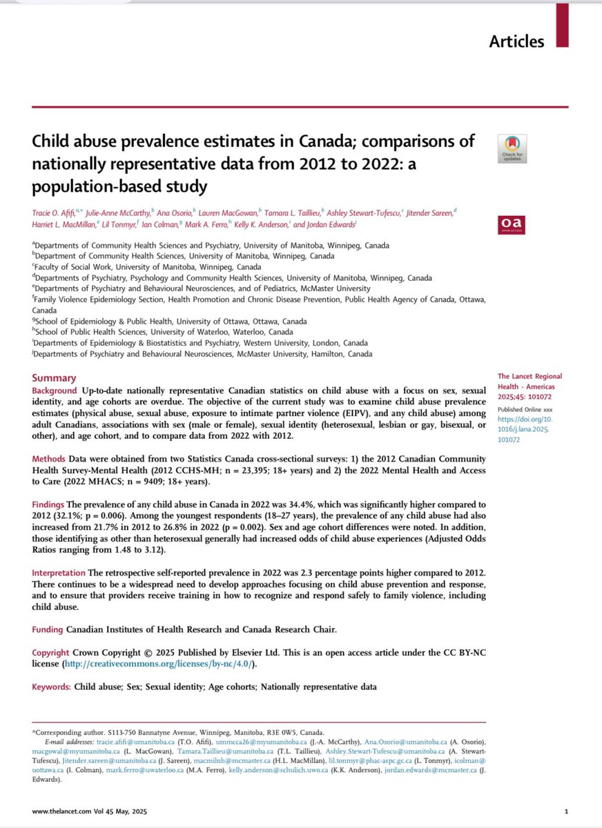 New publication from <a href="/CAReResearchUM/">Childhood Adversity and Resilience (CARe) Research</a> in <a href="/LancetRH_Americ/">The Lancet Reg Health-Americas</a> 

An update on the prevalence of child abuse in Canada. 

 In 2022, 34.4% of adults in Canada reported experiencing physical abuse, sexual abuse, and/or EIPV in childhood.

Link to full article

sciencedirect.com/science/articl…
