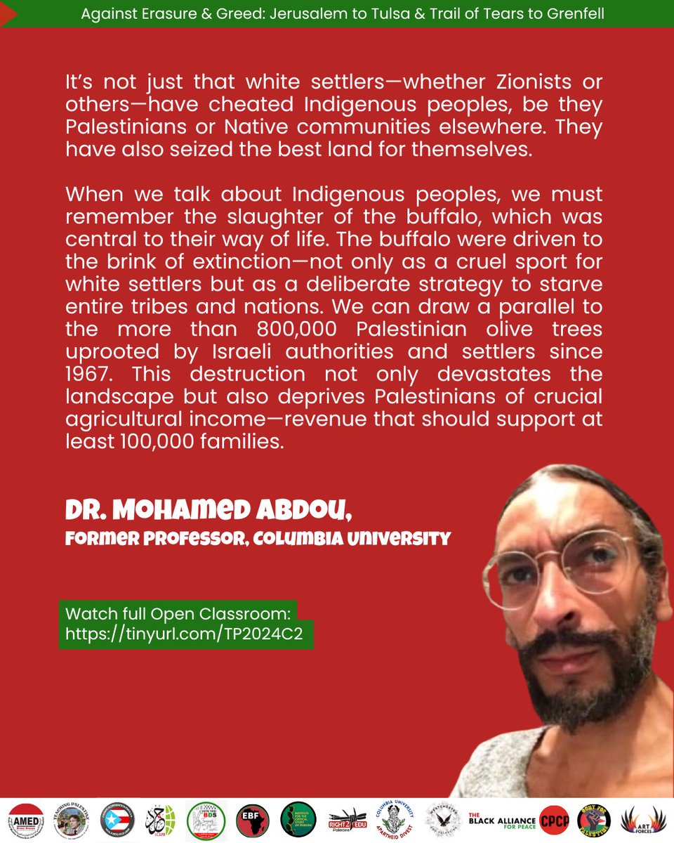From #Jerusalem to #Tulsa, from the Trail of Tears to #Grenfell—struggles against erasure and greed are deeply connected. 

Excerpts from Palestine Course Open Classroom: tinyurl.com/TP2024C2