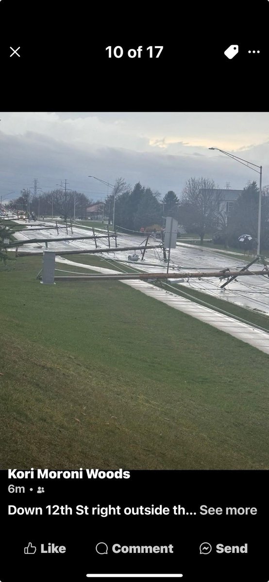 SPOTTER REPORT: Harrison Rd in Mishawaka, IN. Power is out across the region. Power pole snapped over the road. <a href="/NWSIWX/">NWS Northern Indiana</a>