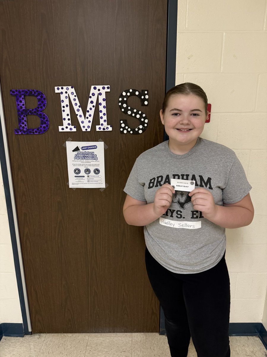 Our 1st BOBKAT BLAST! 
Hadley is a great example to her peers in PE class by always participating, and encouraging others! Even when things are hard or not familiar, she still is motivated to try and give her best effort. Please help us in congratulating this awesome Bobkat!👏 💜