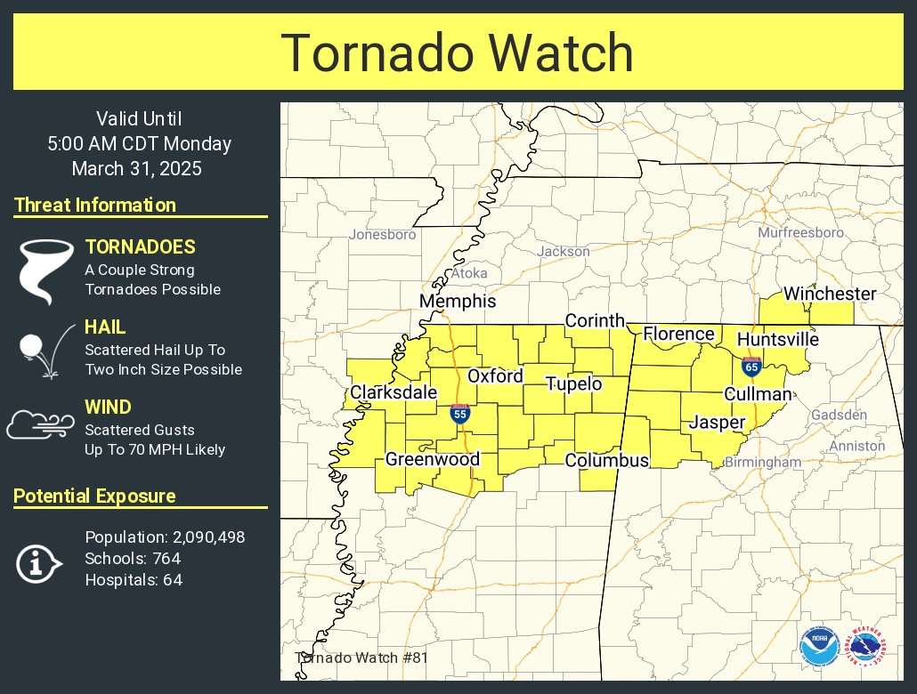 A tornado watch has been issued for parts of Alabama, Arkansas, Mississippi and Tennessee until 5 AM CDT