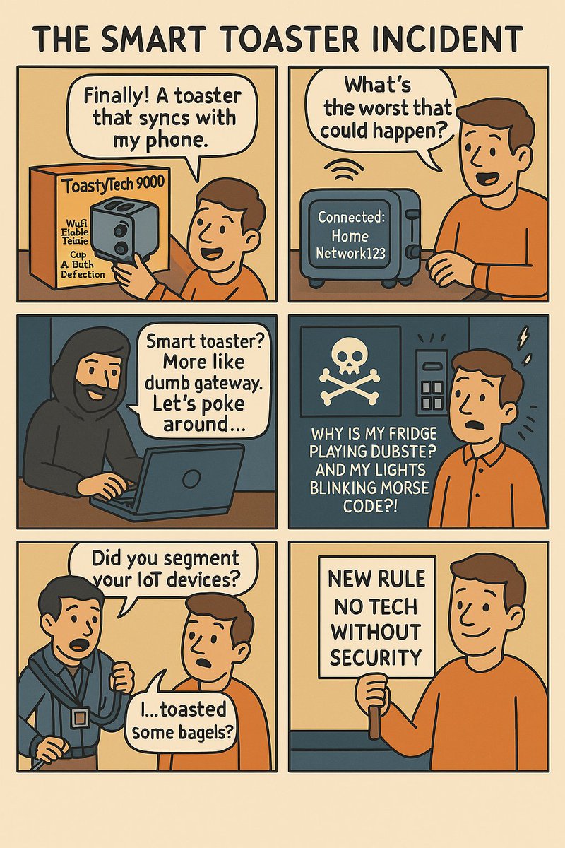 CisoMarketplace's tweet image. The Smart Toaster Incident

Tim unboxes a smart toaster and connects it to his home network... triggering chaos across his smart home. A hacker exploits the device, and an IT consultant delivers the truth: segment your IoT! 

cybertoons.fun/comics/the-sma… 

#smarthomefails #IoTSecurity…