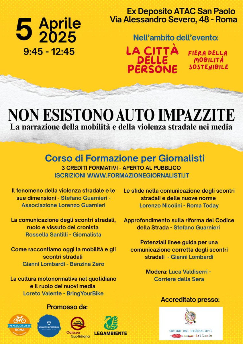 Fiera della Mobilità Sostenibile, Roma, 5-6 Aprile 2025

Corso di Formazione per i Giornalisti
'Non esistono auto impazzite'

Ex Deposito Atac San Paolo, via Alessandro Severo 48, Roma
#stragequotidiana #giornalisti #giornali #cronaca #incidente #incidentistradali #incidenti