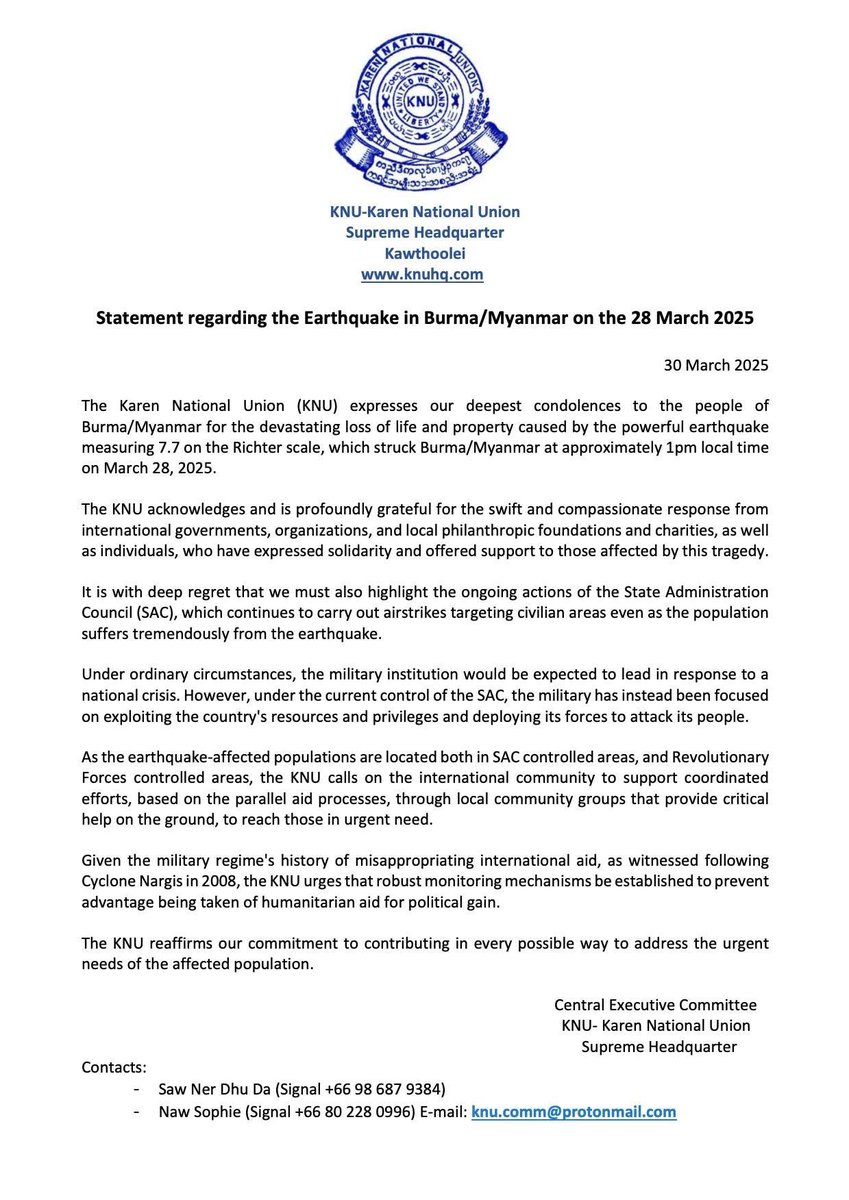 #KNU said the junta "continues to carry out airstrikes targeting civilian areas, even as the population suffers tremendously from the earthquake".

"deploying forces to attack its people".

A spokesman for the junta did not reply to queries from Reuters about the criticism.