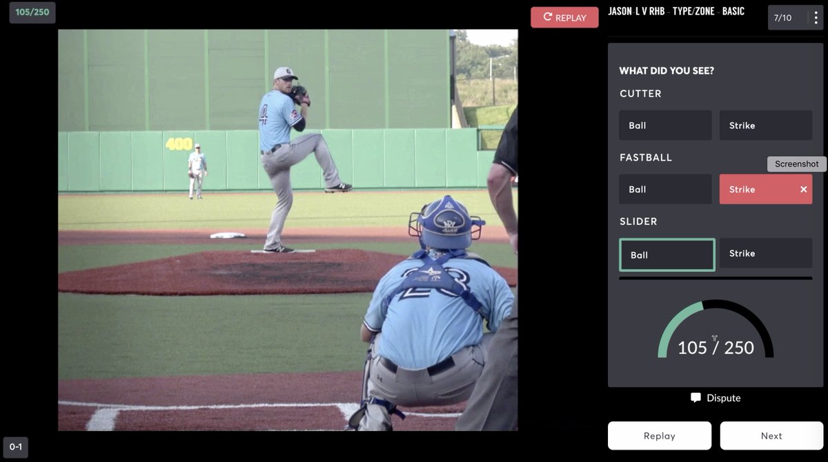 DrFadde's tweet image. The same view hitters use to train #PitchRecognition on @gameSenseBase. Batter&apos;s view + real video (not VR) + occlusion (pitch cut off) + instant feedback = hitters&apos; eyes learning to read pitches faster for better swing decisions and contact quality.