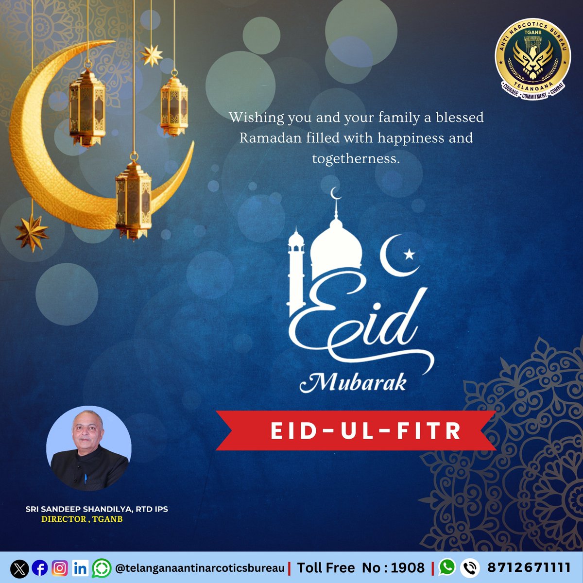 Wishing you and your family a blessed Ramadan filled with happiness and togetherness.
#happyramadan #Eidmubarak

To share information on drugs :- - 
Our Toll Free No : 1908 - TGANB Control Room number on 8712671111 your confidentiality is ensured.

  #DrugfreeTelangana