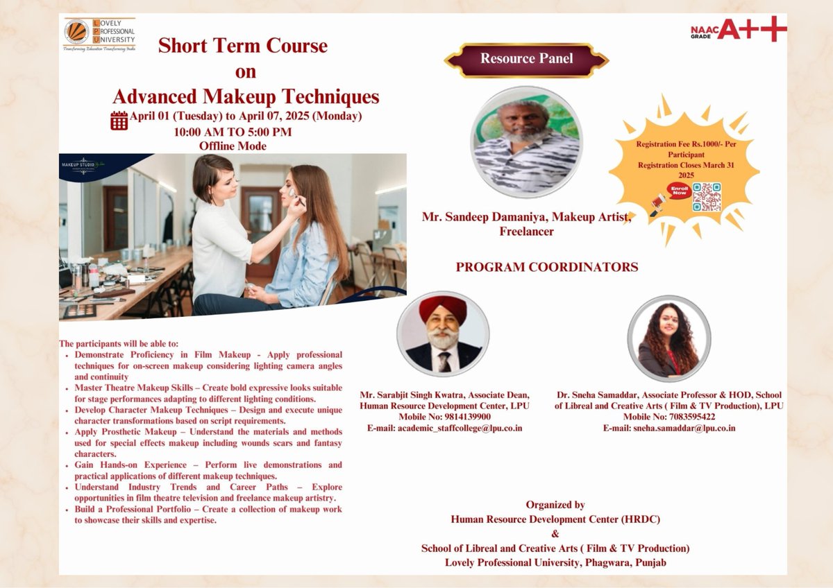 LPUFilm's tweet image. Boost your makeup skills with expert Mr. Sandeep Damaniya at LPU’s Advanced Makeup Course, Apr 1-7, 2025, 10 AM-5 PM. Limited seats! Register: lpu.in/hrd/ #MakeupCourse #LPU #MakeupArtist&quot;