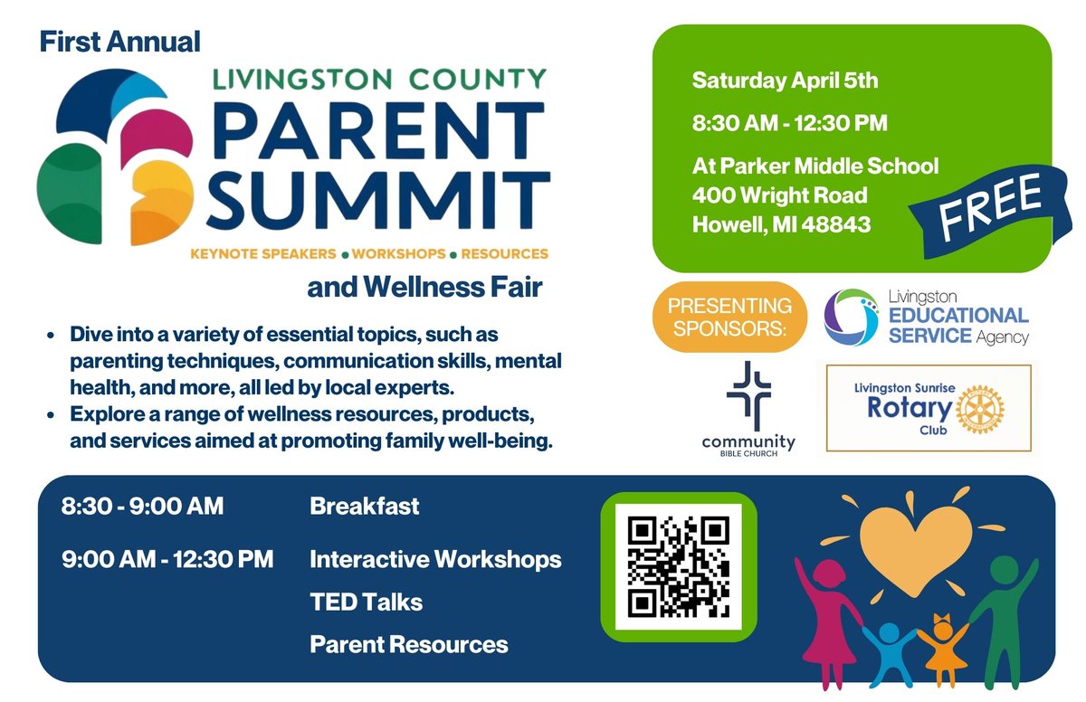 Parents—Wondering how to set tech boundaries, protect kids online, or ensure tech isn't limiting real-world connections? Join us this Sat, 4/5, 8:30AM–12:30PM at Parker Middle School, Howell, MI. FREE summit with TED-style talks &amp; practical strategies! #Parenting #FamilySupport