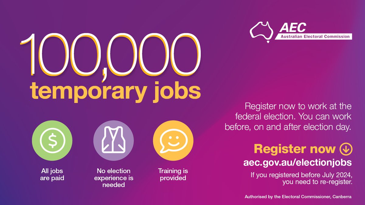 The Australian Electoral Commission (AEC) has a range of paid temporary jobs available at the next federal election on May 3: loom.ly/Gf4GyEQ   

It doesn’t matter if you haven’t worked at an election before. You’ll get paid to train and on-the-job support.