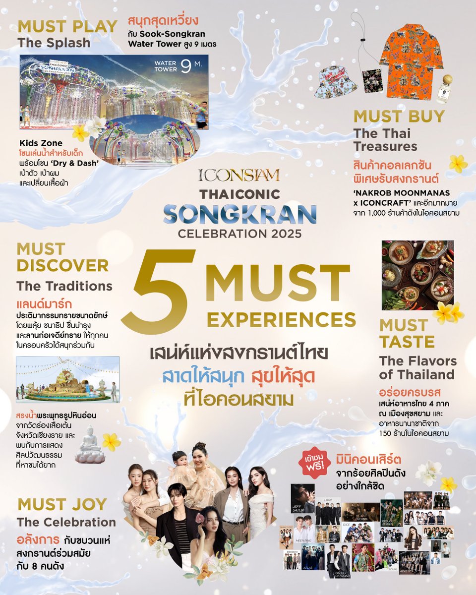 เปิดประสบการณ์ความสนุกครั้งใหญ่ของ #เทศกาลมหาสงกรานต์2568 ของไอคอนสยามที่ปีนี้พร้อมส่งมอบวัฒนธรรมไทยเต็มรูปแบบถึงทุกคนภายใต้คอนเซปต์หลัก “5 MUST EXPERIENCES เสน่ห์แห่งสงกรานต์ไทย”
💦 Must Play สงกรานต์นี้มาเปียกไปด้วยกันกับ Sook-Songkran Water Tower ความสูงถึง 9 เมตร