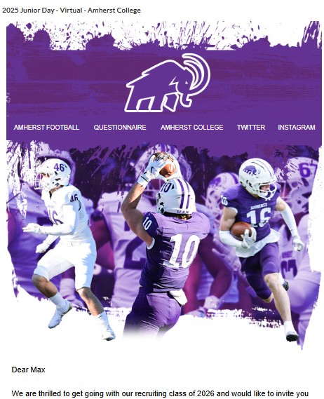Max Cruz (@madmaxcruz07) on Twitter photo Great virtual visit today with <a href="/AmherstCollFB/">Amherst College Football</a> ! Thanks coach <a href="/CoachEJMills/">EJ Mills</a> and the rest of coaches for their time. Special shout out to coach <a href="/eaugustin1/">Eddy Augustin</a> and the dline players during the defensive breakout session. Mammoths are doing big things. Go Mammoths!!
<a href="/CoachTenner/">Jason Tenner</a> Great virtual visit today with <a href="/AmherstCollFB/">Amherst College Football</a> ! Thanks coach <a href="/CoachEJMills/">EJ Mills</a> and the rest of coaches for their time. Special shout out to coach <a href="/eaugustin1/">Eddy Augustin</a> and the dline players during the defensive breakout session. Mammoths are doing big things. Go Mammoths!!
<a href="/CoachTenner/">Jason Tenner</a>
