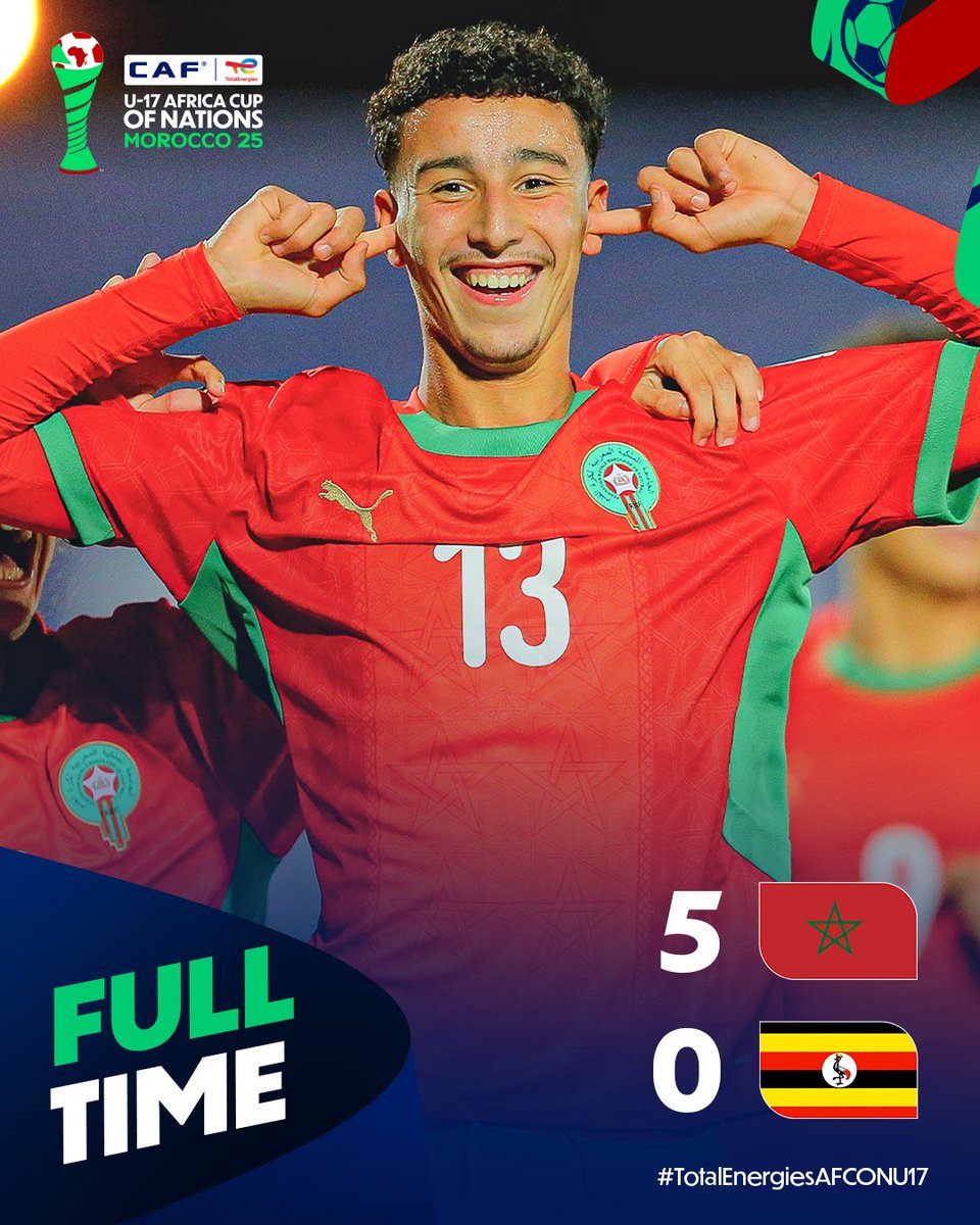 gilbertkibiwot4's tweet photo. FULL-TIME!
Morocco (Maroc) 5 - 0 Uganda (Ouganda)
The hosts put in a top class performance worthy of a tournament opener. 🇲🇦👏
@CAF_Online @CAFCLCC
@CAF_Media
@CAFCLCC_ar @caf_online_FR
#MARUGA | #TotalEnergiesAFCONU17
#EidUlFitr #EidMubarak #EidMubarak2025 https://t.co/Anhoa7IeMe