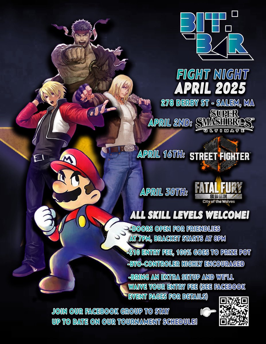 It’s that time, folks! It’s our April schedule for Fight Night at Bit Bar Salem, and this time we’ve got something new in store!

 4/2: Smash Ultimate

4/16: Street Fighter 6

4/30: Fatal Fury: City of the Wolves

You all know the drill! Let’s make this month a hype one!

See ya!