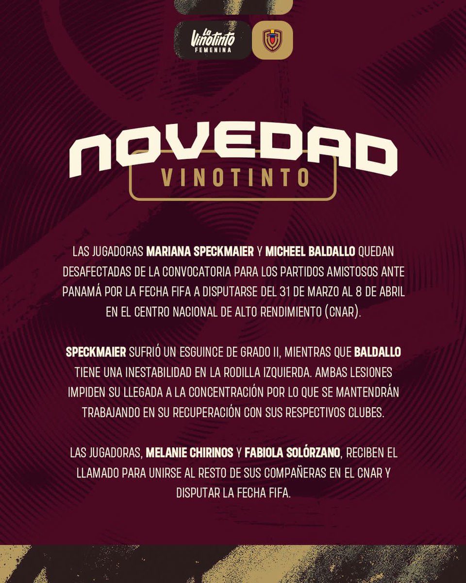Dos jugadorazas nuestras (<a href="/adiffem/">ADIFFEM</a> 💙🪷), Fabiola Solórzano y Melanie Chirinos, entran en la convocatoria de la Vinotinto Femenina Absoluta.

Melanie Chirinos es Sub 17. Tiene un talento que 🔥🔥🔥..