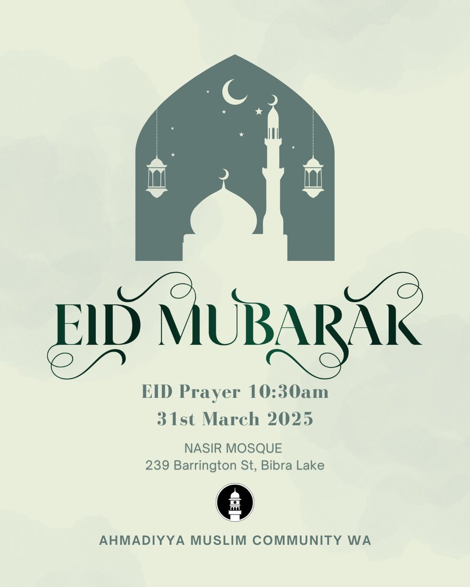 NasirMosque's tweet photo. #EidMubarak  🌙

Wishing all Ahmadis &amp; Muslims a joyful Eid!

Eid prayers: Nasir Mosque
Time: 10:30am sharp
Followed by sermon &amp; light finger food

May Allah accept our fasts, prayers &amp; good deeds—and help us carry this spirit until next Ramadan. https://t.co/kMMPmr0l80