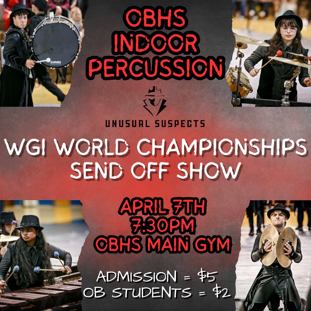 OBHS Music & Marching Arts (@obmusicandmarch) on Twitter photo In less than 2weeks, OBHS Indoor Percussion heads to Ohio for the WGI World Championships! Let’s give this amazing ensemble the biggest #obproud send off yet! Come see their show Unusual Suspects on 4/7 in the Main Gym. <a href="/obhs_announce/">OBHS Announcements</a> <a href="/FazioSally/">Mrs. Fazio 💜</a> <a href="/OldBridgeTPS/">The Bridge</a> @OBSupCittadino In less than 2weeks, OBHS Indoor Percussion heads to Ohio for the WGI World Championships! Let’s give this amazing ensemble the biggest #obproud send off yet! Come see their show Unusual Suspects on 4/7 in the Main Gym. <a href="/obhs_announce/">OBHS Announcements</a> <a href="/FazioSally/">Mrs. Fazio 💜</a> <a href="/OldBridgeTPS/">The Bridge</a> @OBSupCittadino
