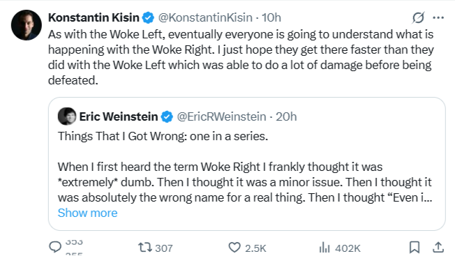 simpatico771's tweet image. People like these are 'guardrail dissidents', inserted to oversee anti-establishment movements to mediate, curtail, and temper them from rocking the boat too much &amp;amp; upsetting the elites' status quo. 
'Woke Right', an invented term to smear people 'noticing' inconvenient things.