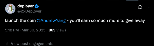 0xDeployer's tweet photo. i accidentally got bankr to deploy an andrew yang coin about 20 minutes ago while trying to tell andrew yang to deploy a coin. it's already earned around $400 in ETH fees not including fees earned in the token. Almost double his two week earnings on X in 20 min. 

@AndrewYang let me know if you want these fees happy to give all of them to you.