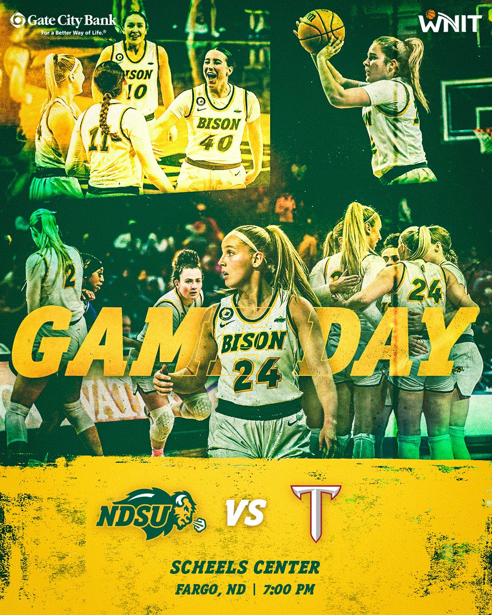 NDSU Women's Basketball (@ndsuwbb) on Twitter photo Feelin' Great Today!
🏆: WNIT (gobison.info/WNIT25)
🆚: Troy
⏰: 7:00 PM CT
📍: Fargo, ND
🏟️: Scheels Center
🎟️: GoBison.com/Tickets
📺: WDAY Xtra
💻: WDAY+ (gobison.info/WDAYPlus)
🎙️: <a href="/Bison1660/">Bison 1660</a> (gobison.info/LISTEN)
📈: gobison.info/4j4Vufy Feelin' Great Today!
🏆: WNIT (gobison.info/WNIT25)
🆚: Troy
⏰: 7:00 PM CT
📍: Fargo, ND
🏟️: Scheels Center
🎟️: GoBison.com/Tickets
📺: WDAY Xtra
💻: WDAY+ (gobison.info/WDAYPlus)
🎙️: <a href="/Bison1660/">Bison 1660</a> (gobison.info/LISTEN)
📈: gobison.info/4j4Vufy