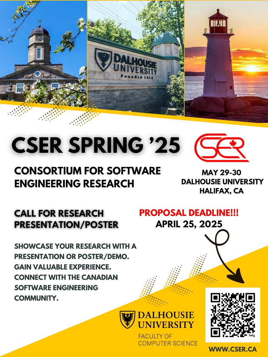 📢Join us at CSER 2025 in Halifax! CSER 2025 is seeking innovative talks, posters &amp; demos in software engineering. Please submit your work by Friday, April 25, 2025, 11:59 PM ADT at cser.ca/2025s/#call <a href="/dalfcs/">Dal Computer Science</a> <a href="/DalhousieU/">Dalhousie University</a>