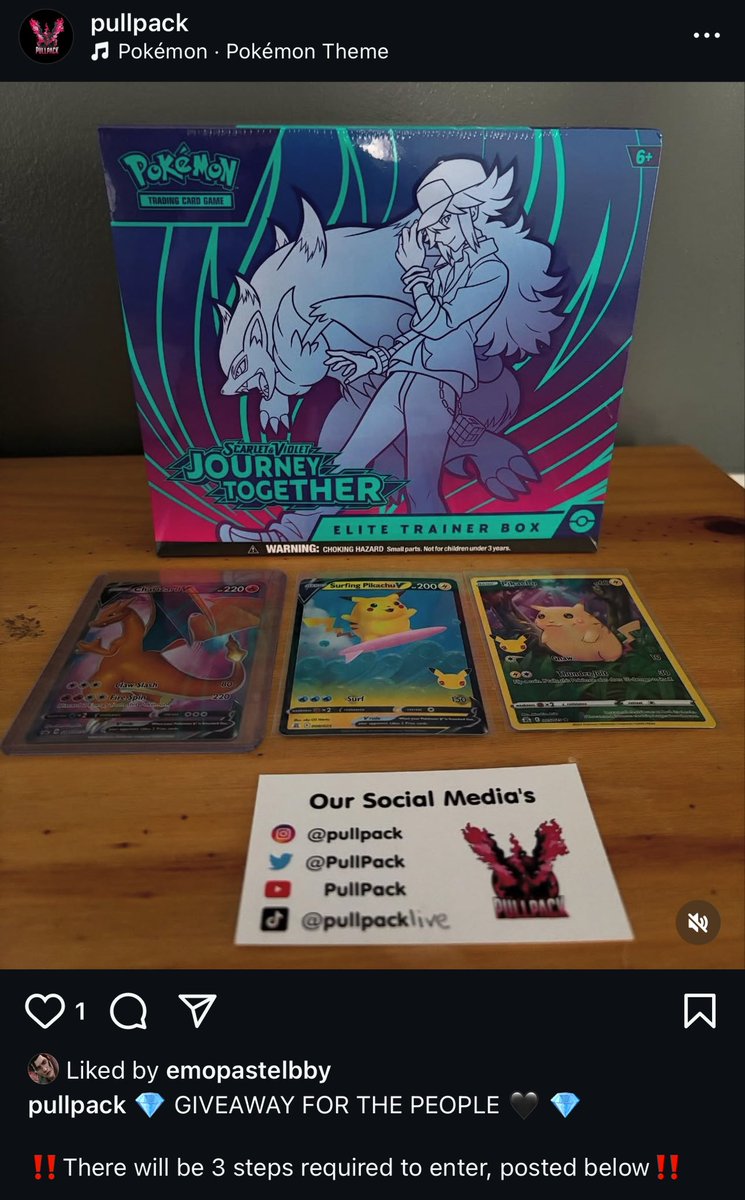 PullPack's tweet image. Make sure you get in our giveaway! Completely free on Instagram! Win a Journey Together ETB sealed &amp;amp; 3 singles for free!! 

#journeytogether #etb #free #giveaway #tcg #pokemon #pokemontcg #pokemoncommunity #destinedrivals #fyp #explore #freegiveaway #tcgcards #cards