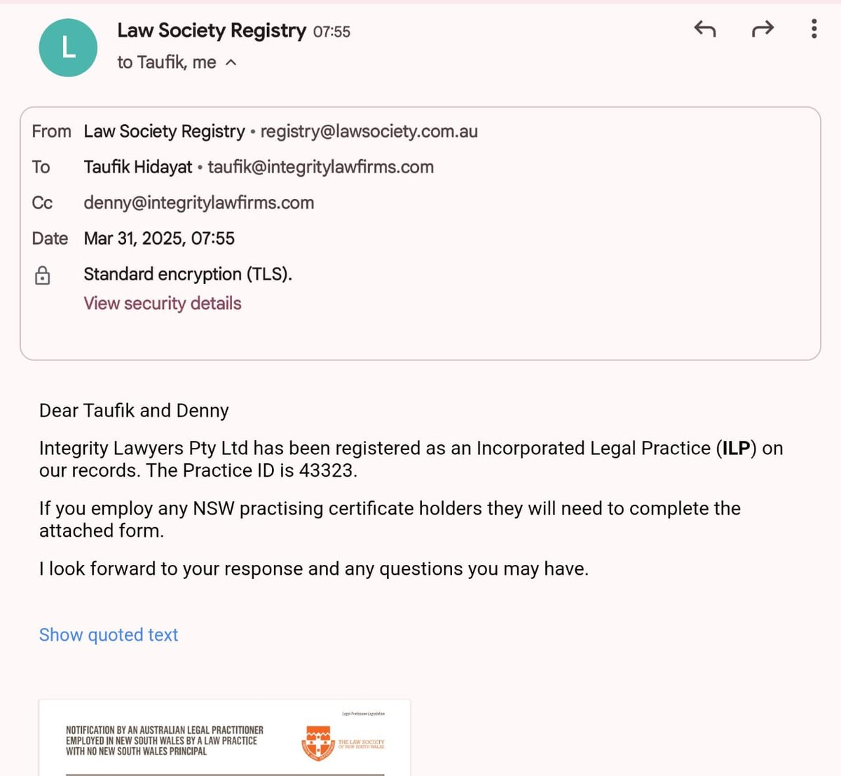 Alhamdulillah, tepat di 1 Syawal 1446 Hijriah, di Hari Raya Idul Fitri, INTEGRITY secara resmi terdaftar sebagai kantor hukum di New South Wales, selain Victoria, Australia. 

Terus pegang teguh INTEGRITY, Maafkan salah dan khilaf yang menyinggung hati.

Salam Integritas,
Denny