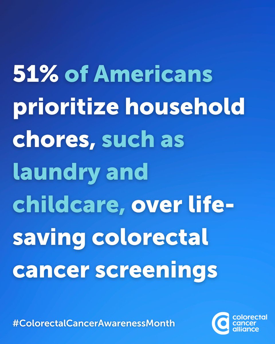 CCAlliance's tweet photo. More than half of U.S. adults (51%) prioritize household chores, such as laundry and childcare, over life-saving colorectal cancer screenings. 

There are multiple ways to screen for colorectal cancer. Learn more about your screening options and take a short quiz by visiting https://t.co/hJSHjjWs3W.
