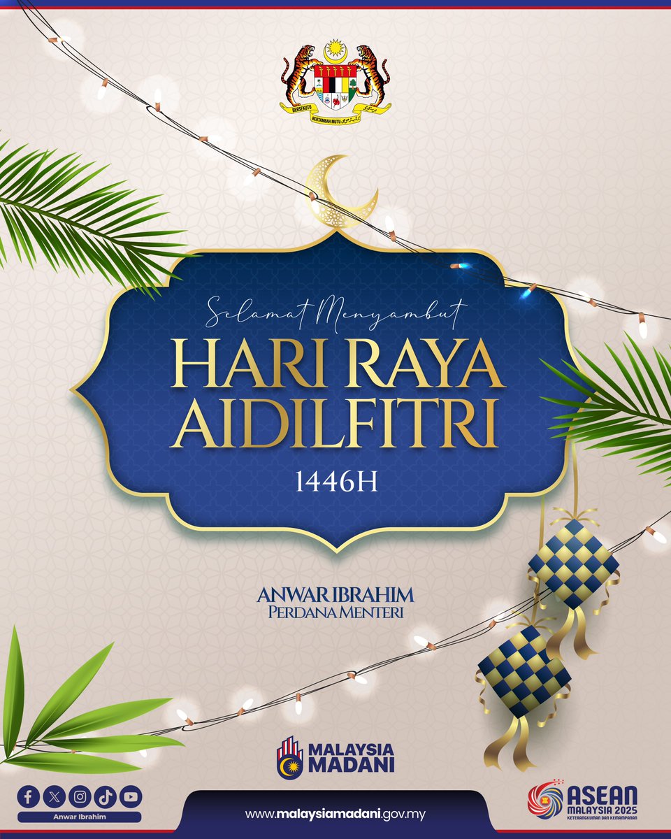 anwaribrahim's tweet photo. Allahu Akbar, Allahu Akbar, Allahu Akbar Walillahil Hamd.
Alhamdulillah, kita telah sama-sama melalui bulan Ramadan yang penuh keberkatan, madrasah ruhiyyah yang mendidik jiwa, membentuk disiplin, memperkukuh integriti, dan mendidik kita tentang kesederhanaan dan kepedulian terhadap nasib mereka yang memerlukan.
Keinsafan yang lahir daripada Ramadan seharusnya membangkitkan rasa tanggungjawab untuk memperjuangkan keadilan dan membela mereka yang teraniaya.
Islam mengajar kita bahawa keadilan dan kebajikan adalah asas kepada sebuah masyarakat yang harmoni. Kita harus terus memupuk rasa hormat antara satu sama lain, memperkukuh hubungan antara kaum dan agama, serta menanam nilai ihsan dan kasih sayang dalam kehidupan bermasyarakat. Tanpa nilai-nilai ini, kestabilan dan keamanan yang kita harapkan tidak akan dapat dipertahankan.
Semoga Aidilfitri ini menjadi titik tolak untuk kita terus memperbaiki diri dan mengukuhkan perpaduan sebagai sebuah masyarakat yang berakhlak, bertanggungjawab, dan berjiwa besar. Hari kemenangan ini bukan sekadar penamat kepada Ramadan, tetapi satu permulaan untuk kita menjadi insan yang lebih baik dan lebih berwibawa.
Sempena Aidilfitri Mubarak, saya ingin memohon kemaafan atas kekurangan dan kekhilafan. Insya-Allah, saya akan terus berusaha sebaik mungkin untuk melakukan islah dan membawa kebaikan kepada semua.
Selamat Hari Raya Aidilfitri kepada seluruh rakyat Malaysia daripada saya dan keluarga. Semoga kita dikurniakan keberkatan, kebahagiaan, dan kesejahteraan berpanjangan, Insya-Allah.
#MalaysiaMADANI
#Aidilfitri2025