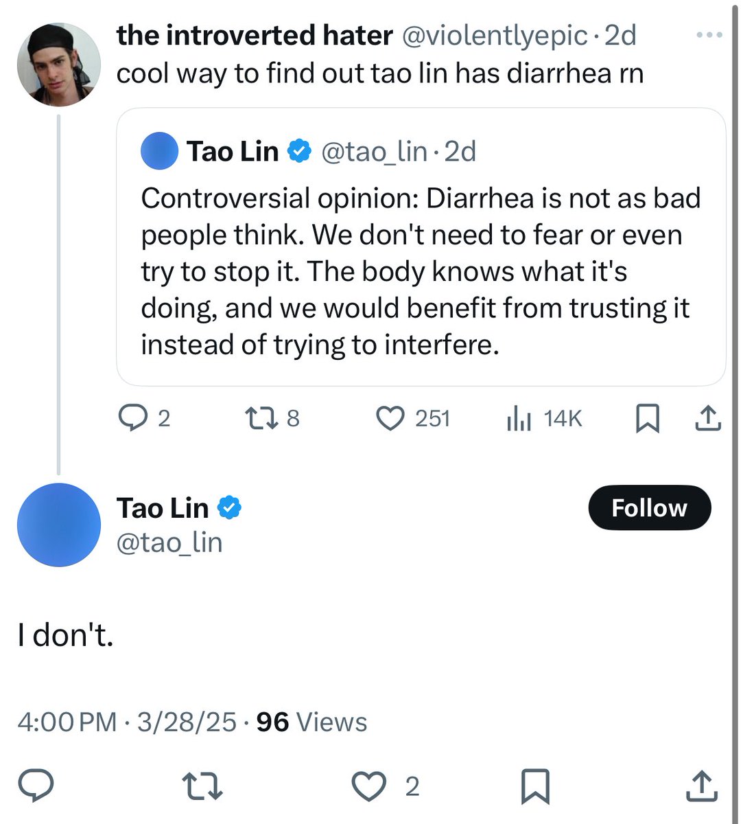 violentlyepic's tweet image. sounds like something someone with diarrhea would say