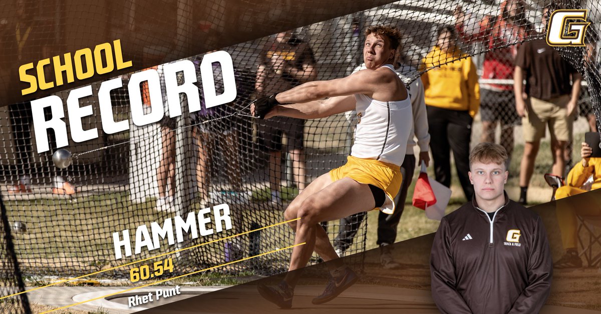 Rhet Punt smashes his own school record by almost 4 meters in the men’s hammer throw, with a mark of 60.54 meters (198’7”). Previous record was 56.95 meters (186’10”). Currently the NJCAA leader in the event.