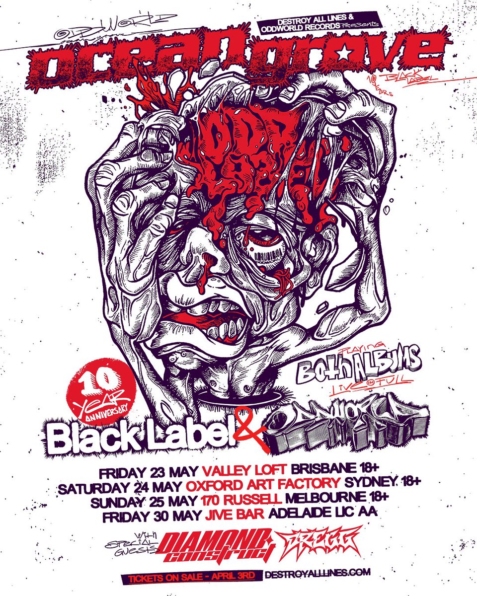 oceangrove's tweet photo. AUSTRALIA!
10 YEARS OF BLACK LABEL.

WE’LL BE PLAYING BOTH ODDWORLD + BL LIVE IN FULL.

With special guests: @diamondconstrct &amp; @DREGGmusic 

Pre-Sale: Wednesday 2 April @ 5pm Melb Time 
General On-Sale: Thursday 3 April @ 11am Local Tim https://t.co/1L52KF7ry5