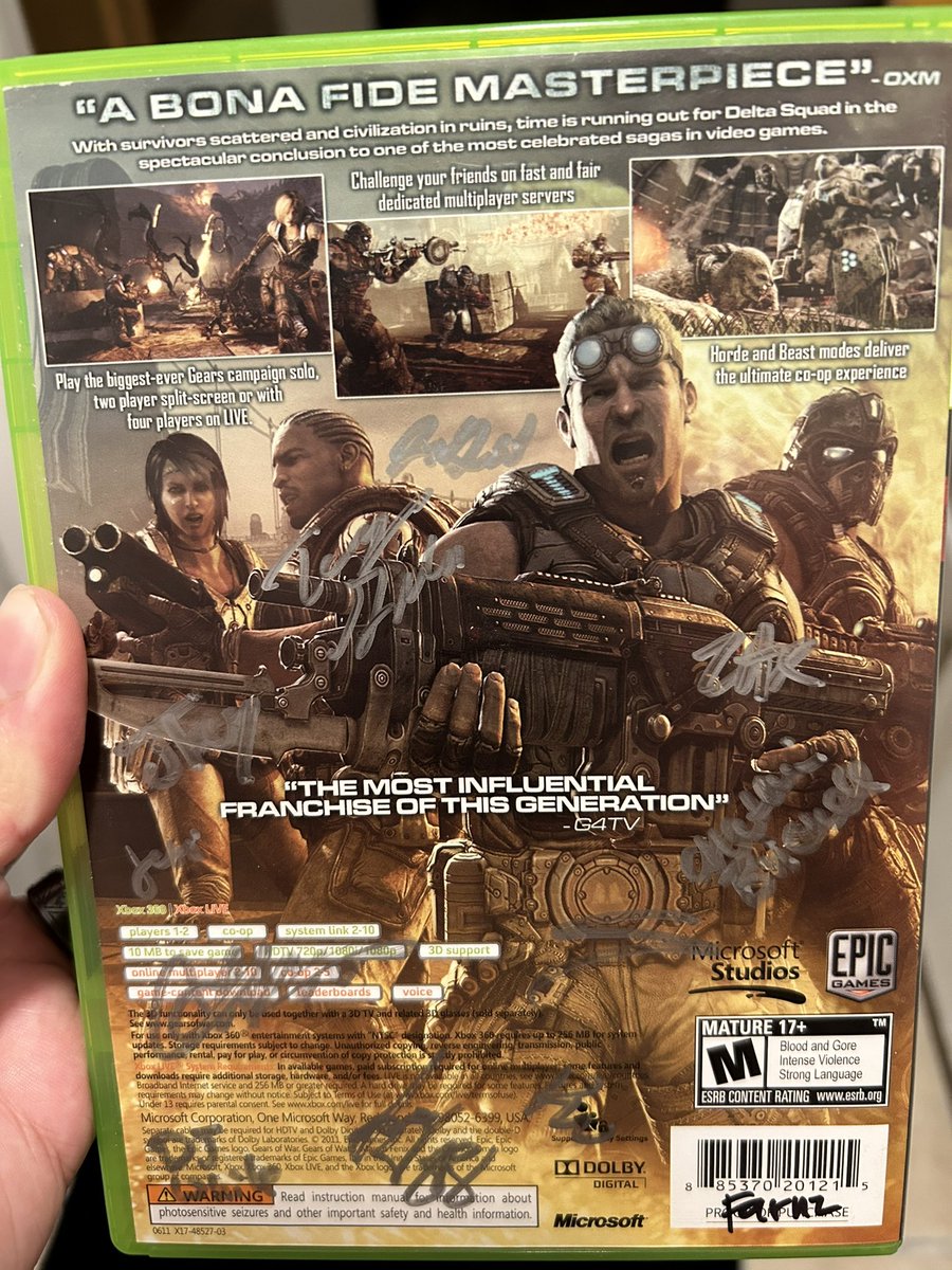 KSICrossbow's tweet photo. @GearsofWar , I was cataloging my games, ran into my copy of Gears 3, I got it from a friend a good bit ago and was wondering who signed it, I don’t know if it was cast/crew or something else. I thinks it’s pretty cool even if I don’t know but figured it wouldn’t hurt to ask. https://t.co/dCceaeV6jT