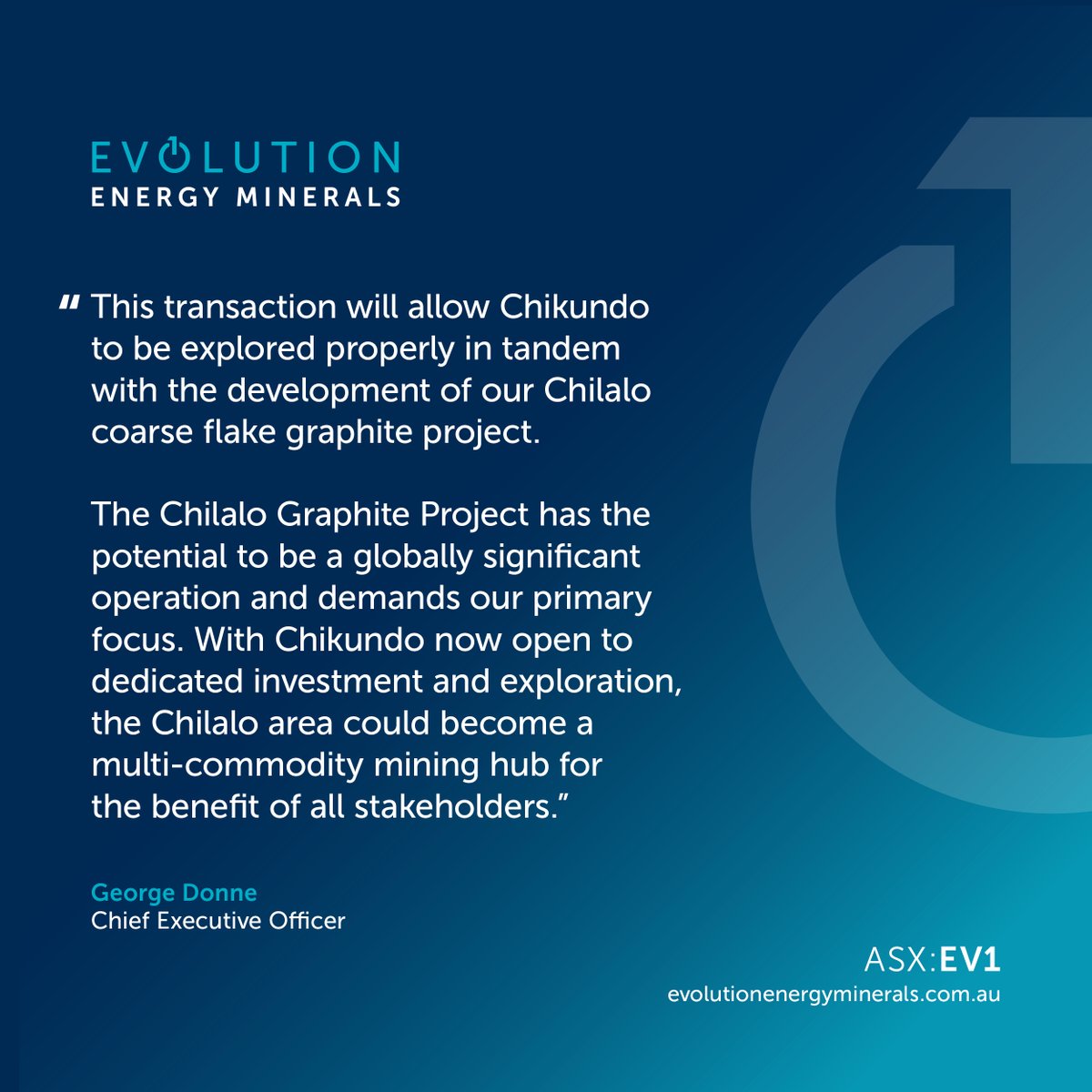 #ASXNews

$EV1.AX announces that it has entered into a binding term sheet with Oscillate Plc to farm out up to 100% of #EV1’s interest in the Chikundo Cu-PbZn VHMS Prospect located within the Chilalo Graphite Project tenements.

Read announcement: loom.ly/752YvPg