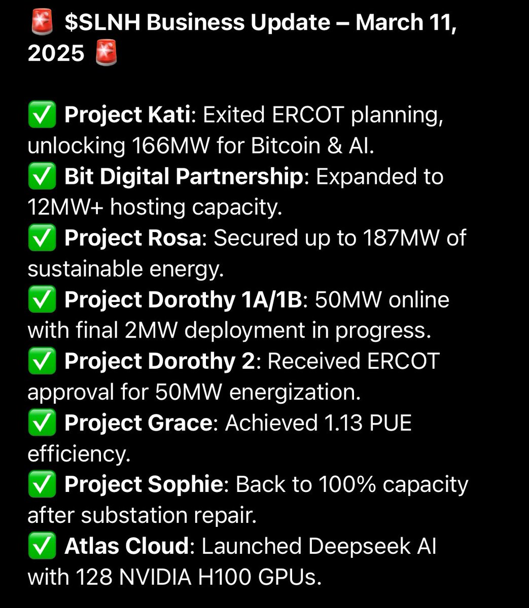 $SLNH 
✅ Refocusing on Bitcoin &amp; AI hosting
✅ Project Dorothy 2 ramping up, boosting Bitcoin hosting by 60%
✅ 166MW unlocked for Bitcoin &amp; AI
✅ New partnerships &amp; sustainable energy secured

<a href="/unusual_whales/">unusual_whales</a> <a href="/StockMKTNewz/">Evan</a> <a href="/MrZackMorris/">Zack Morris</a> @TickersSymbolYou @thetradermike