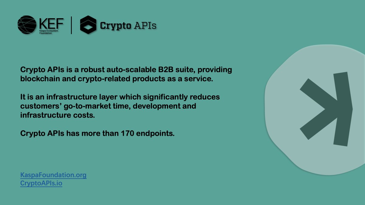Kaspa_KEF's tweet photo. New integration of Kaspa for builders:

@CryptoApis has officially integrated #Kaspa into their comprehensive infrastructure, empowering developers to seamlessly build and scale their projects on Kaspa.

Builders can now harness Kaspa's robust data capabilities through these 4 endpoints on Crypto APIs⚡️:

✅ Get Address Balance 
✅ List Confirmed Transactions by Address 
✅ Get Transaction Details by Transaction ID
✅ Create Subscriptions for New Confirmed Coin Transactions.

👉 Start building on Kaspa today with Crypto APIs! https://t.co/cqd5vmH2oV