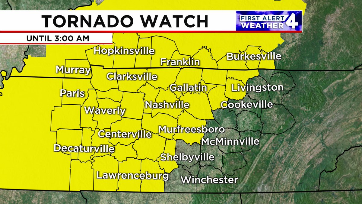 A Tornado Watch is in effect until 3:00 A.M. for the counties in yellow: