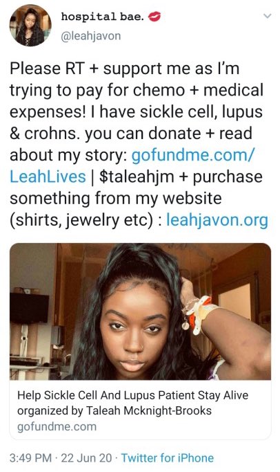 ExposingTheHarm's tweet photo. A list of all the illnesses Taleah McKnight has lied about dating back 8years‼️&amp; how she scammed @SZA with these lies. No “update” is new 🤥

-Tumors on lungs
-Kidney failure
-Lung failure
-Congestive Heart failure
-Liver failure
-Sickle cell Anemia
-Lupus
-Crohns
-Chronic sepsis https://t.co/zpxczoVCdE