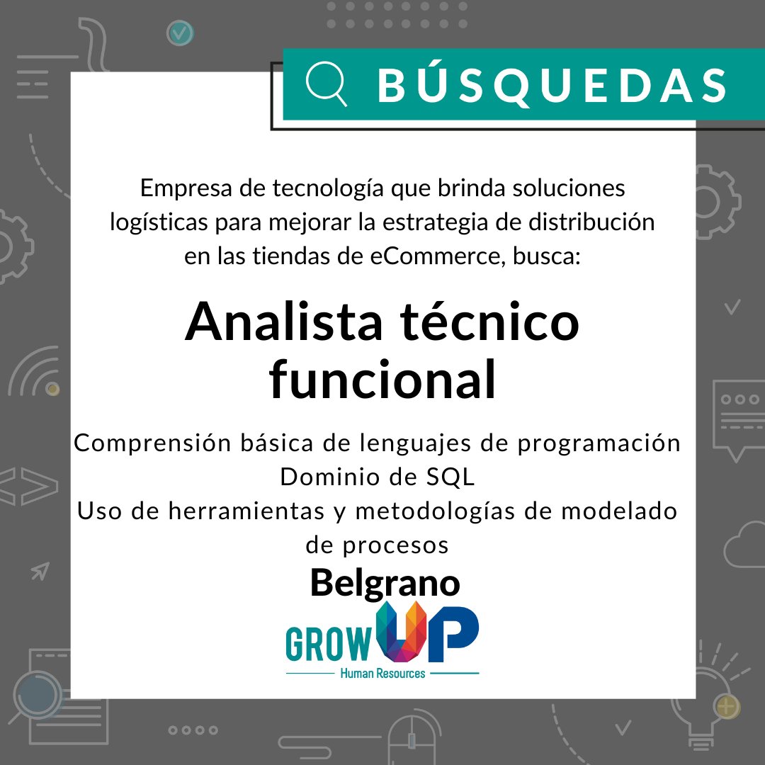 growuphr's tweet photo. En #GrowupHR nos encontramos en la búsqueda de un/a Analista técnico funcional!
👉Comprensión básica de lenguajes de #programación
👉Dominio de #SQL
👉Armado de historias de usuario
#postulate en el link https://t.co/qnl8VkgH9N
✍️Escribinos a busquedas@growuphr.com.ar https://t.co/UhMZWBdnsh