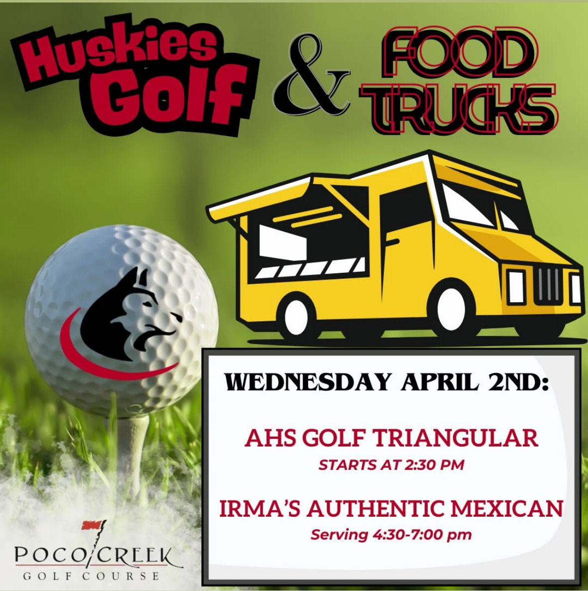Husky_Golf's tweet photo. Plans this week?  

We'd love to see you at Poco Creek on Wednesday.  Golf starts at 2:30pm.

Take in some high school golf and have some great food afterwards!

#huskiesgolf https://t.co/DixsJd1Aqo