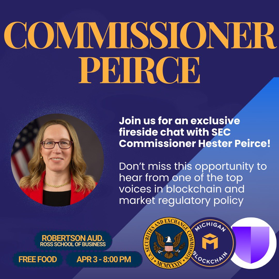 ElizabethHa's tweet image. I am honored to be speaking this Thursday at a distinguished event featuring SEC Commissioner Hester Peirce, hosted by @UMichBlockchain at the University of Michigan.
Commissioner Peirce will sit down for a fireside chat with @Evanzsolomon, co-president of Michigan Blockchain.…